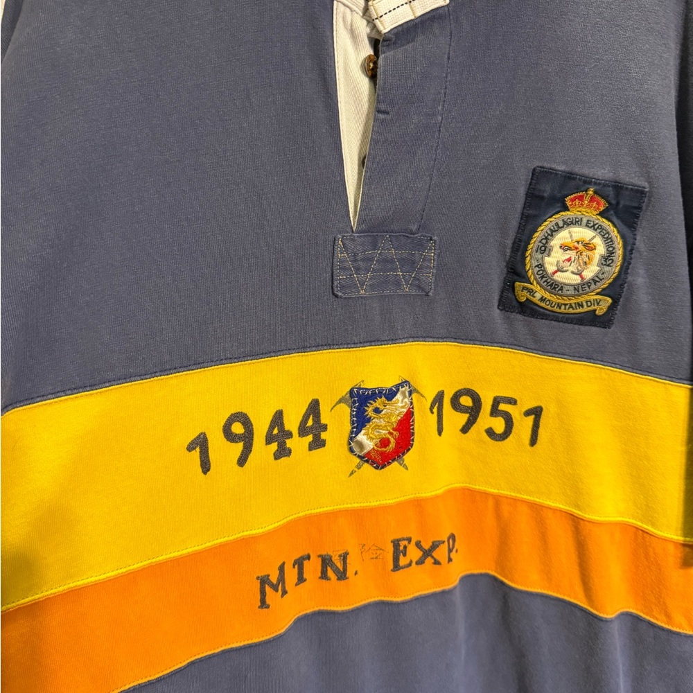 Polo Ralph Lauren Blue and Yellow Long Sleeve Shirt with Embroidered Patches